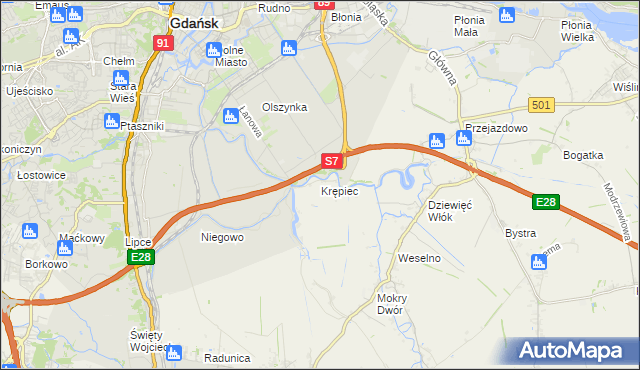 mapa Krępiec gmina Pruszcz Gdański, Krępiec gmina Pruszcz Gdański na mapie Targeo