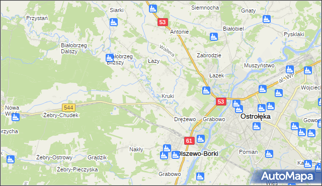mapa Kruki gmina Olszewo-Borki, Kruki gmina Olszewo-Borki na mapie Targeo