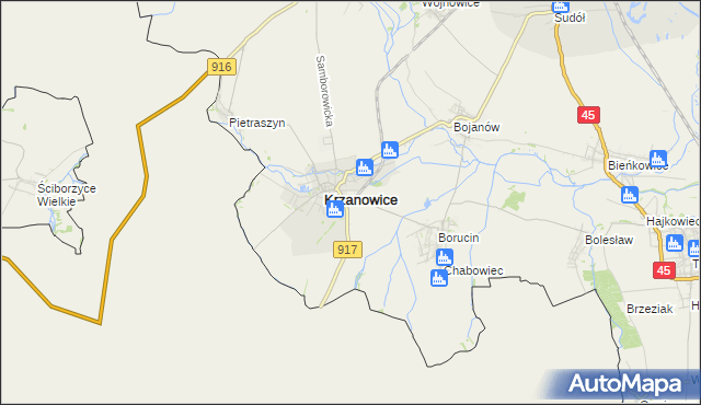 mapa Krzanowice powiat raciborski, Krzanowice powiat raciborski na mapie Targeo