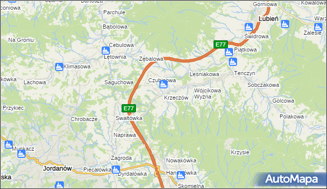 mapa Krzeczów gmina Lubień, Krzeczów gmina Lubień na mapie Targeo