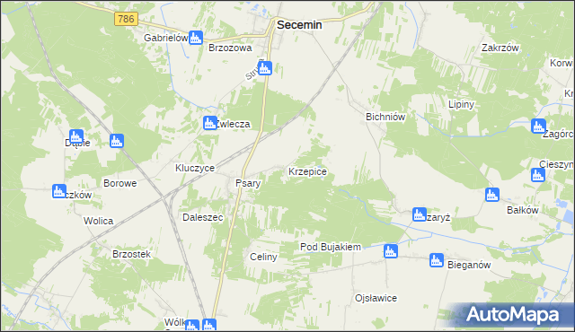 mapa Krzepice gmina Secemin, Krzepice gmina Secemin na mapie Targeo