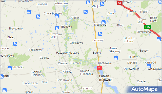 mapa Krzewie gmina Lubień Kujawski, Krzewie gmina Lubień Kujawski na mapie Targeo