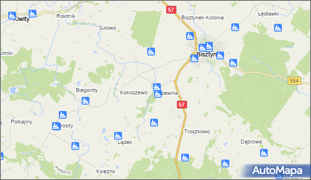 mapa Krzewina gmina Bisztynek, Krzewina gmina Bisztynek na mapie Targeo