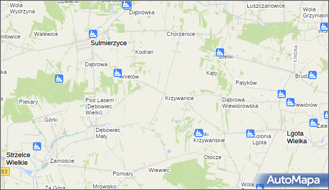 mapa Krzywanice gmina Lgota Wielka, Krzywanice gmina Lgota Wielka na mapie Targeo