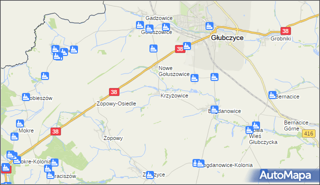 mapa Krzyżowice gmina Głubczyce, Krzyżowice gmina Głubczyce na mapie Targeo