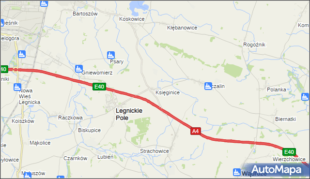 mapa Księginice gmina Legnickie Pole, Księginice gmina Legnickie Pole na mapie Targeo