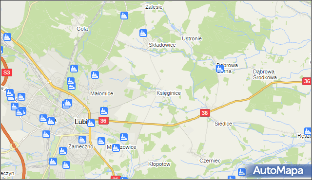 mapa Księginice gmina Lubin, Księginice gmina Lubin na mapie Targeo