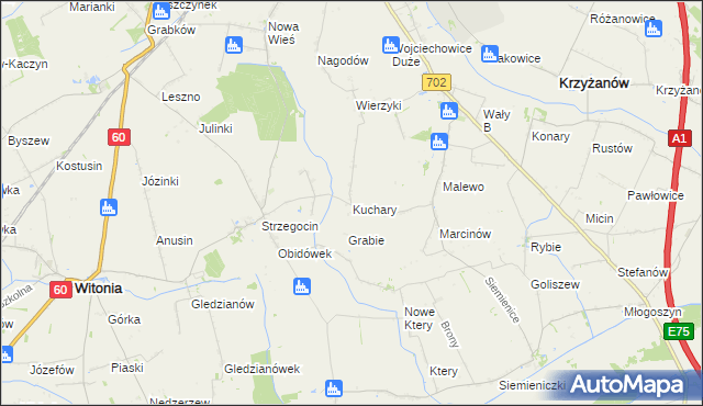 mapa Kuchary gmina Krzyżanów, Kuchary gmina Krzyżanów na mapie Targeo