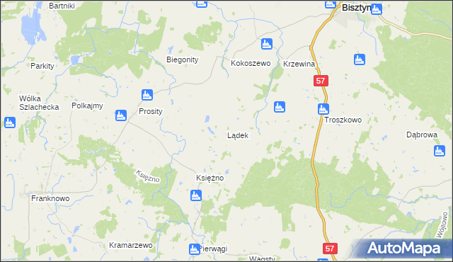 mapa Lądek gmina Bisztynek, Lądek gmina Bisztynek na mapie Targeo