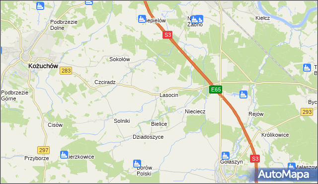 mapa Lasocin gmina Kożuchów, Lasocin gmina Kożuchów na mapie Targeo