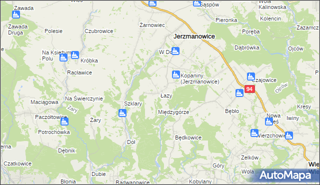 mapa Łazy gmina Jerzmanowice-Przeginia, Łazy gmina Jerzmanowice-Przeginia na mapie Targeo