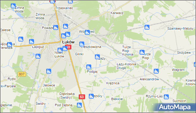 mapa Łazy gmina Łuków, Łazy gmina Łuków na mapie Targeo