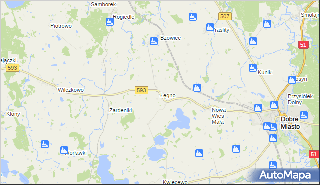 mapa Łęgno gmina Dobre Miasto, Łęgno gmina Dobre Miasto na mapie Targeo