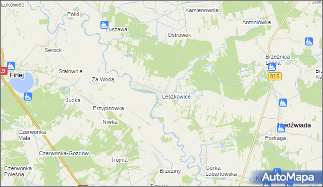 mapa Leszkowice gmina Ostrówek, Leszkowice gmina Ostrówek na mapie Targeo
