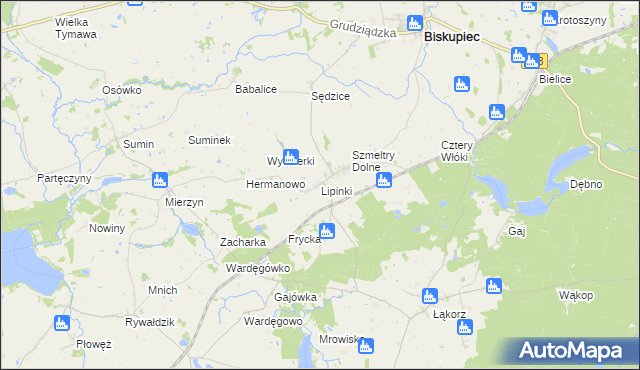 mapa Lipinki gmina Biskupiec, Lipinki gmina Biskupiec na mapie Targeo