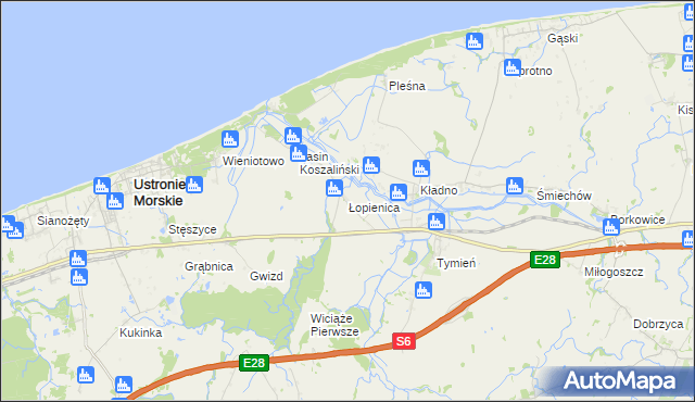 mapa Łopienica gmina Będzino, Łopienica gmina Będzino na mapie Targeo