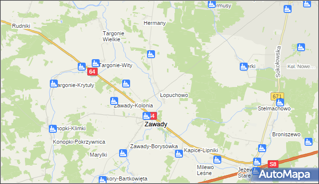 mapa Łopuchowo gmina Tykocin, Łopuchowo gmina Tykocin na mapie Targeo