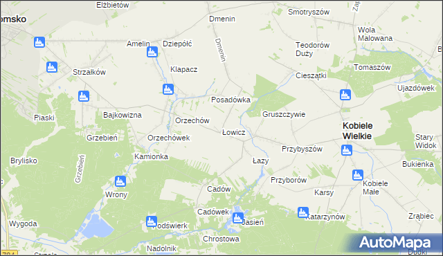 mapa Łowicz gmina Kobiele Wielkie, Łowicz gmina Kobiele Wielkie na mapie Targeo