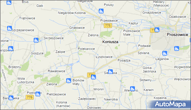 mapa Łyszkowice gmina Koniusza, Łyszkowice gmina Koniusza na mapie Targeo