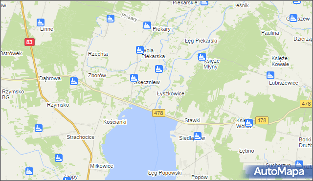 mapa Łyszkowice gmina Pęczniew, Łyszkowice gmina Pęczniew na mapie Targeo
