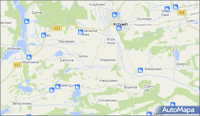 mapa Miąskowo gmina Osieczna, Miąskowo gmina Osieczna na mapie Targeo