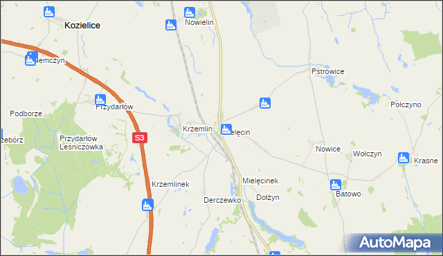 mapa Mielęcin gmina Pyrzyce, Mielęcin gmina Pyrzyce na mapie Targeo