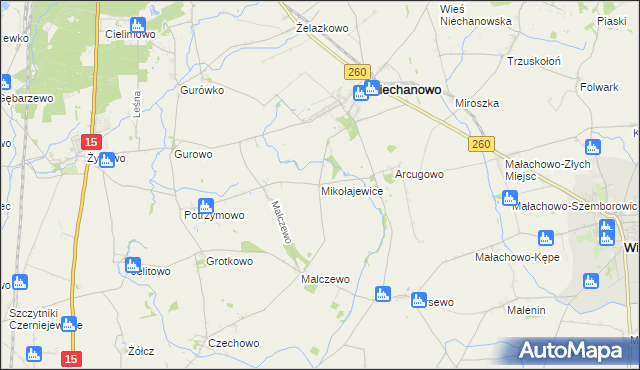 mapa Mikołajewice gmina Niechanowo, Mikołajewice gmina Niechanowo na mapie Targeo