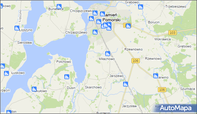 mapa Miłachowo gmina Kamień Pomorski, Miłachowo gmina Kamień Pomorski na mapie Targeo