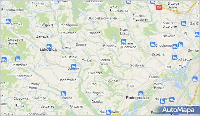 mapa Mokra Wieś gmina Podegrodzie, Mokra Wieś gmina Podegrodzie na mapie Targeo
