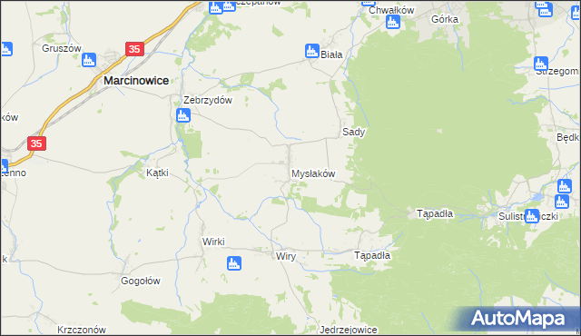 mapa Mysłaków gmina Marcinowice, Mysłaków gmina Marcinowice na mapie Targeo