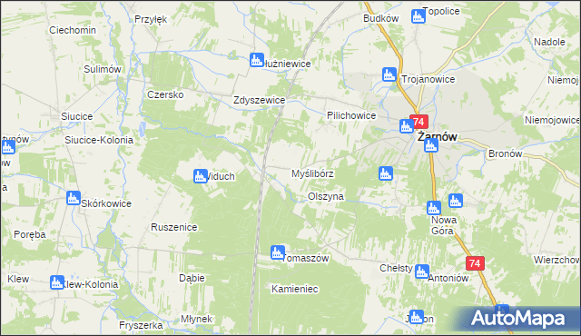 mapa Myślibórz gmina Żarnów, Myślibórz gmina Żarnów na mapie Targeo