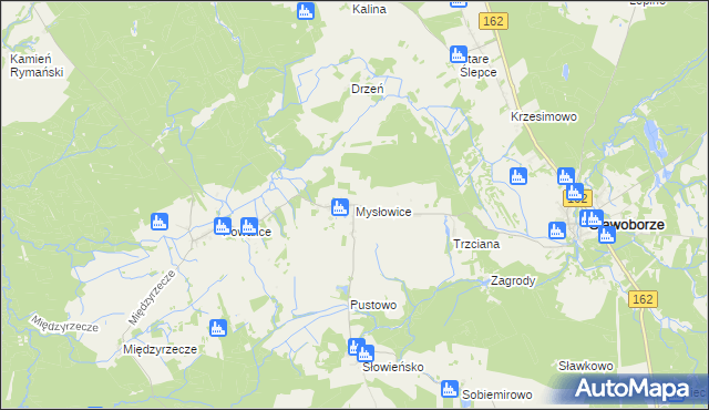 mapa Mysłowice gmina Sławoborze, Mysłowice gmina Sławoborze na mapie Targeo