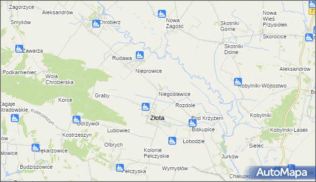 mapa Niegosławice gmina Złota, Niegosławice gmina Złota na mapie Targeo