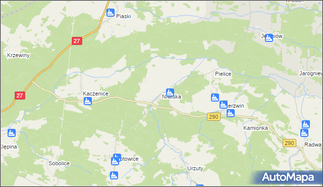 mapa Niwiska gmina Nowogród Bobrzański, Niwiska gmina Nowogród Bobrzański na mapie Targeo