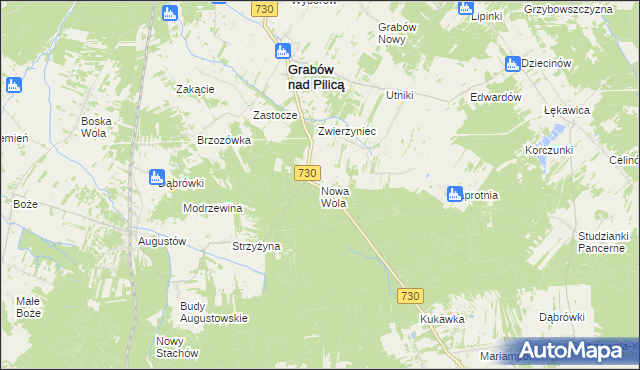 mapa Nowa Wola gmina Grabów nad Pilicą, Nowa Wola gmina Grabów nad Pilicą na mapie Targeo
