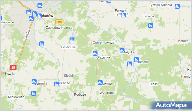 mapa Olszanka gmina Zabłudów, Olszanka gmina Zabłudów na mapie Targeo