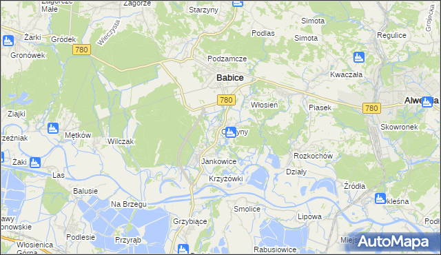 mapa Olszyny gmina Babice, Olszyny gmina Babice na mapie Targeo