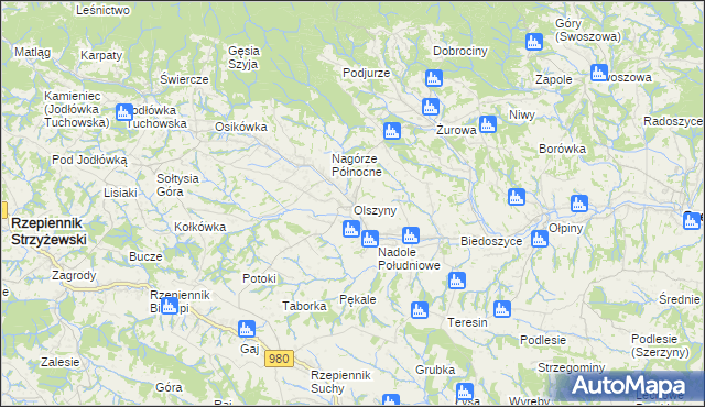 mapa Olszyny gmina Rzepiennik Strzyżewski, Olszyny gmina Rzepiennik Strzyżewski na mapie Targeo