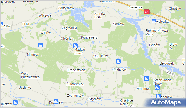 mapa Orzechów gmina Lutomiersk, Orzechów gmina Lutomiersk na mapie Targeo