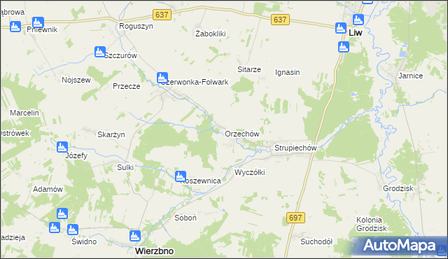 mapa Orzechów gmina Wierzbno, Orzechów gmina Wierzbno na mapie Targeo