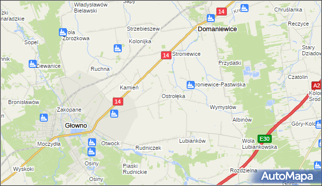 mapa Ostrołęka gmina Głowno, Ostrołęka gmina Głowno na mapie Targeo