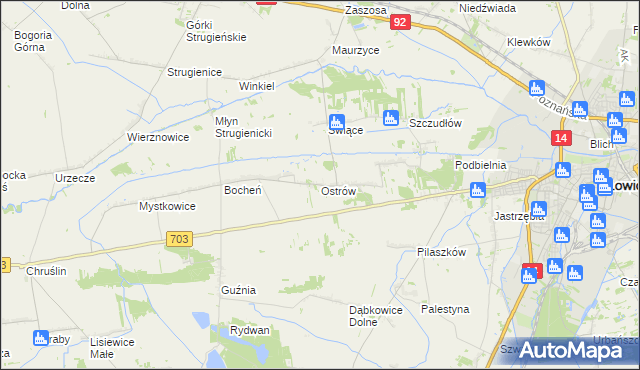mapa Ostrów gmina Łowicz, Ostrów gmina Łowicz na mapie Targeo