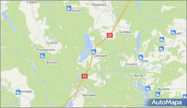 mapa Ostrowiec gmina Dębno, Ostrowiec gmina Dębno na mapie Targeo