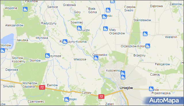 mapa Ostrowsko gmina Uniejów, Ostrowsko gmina Uniejów na mapie Targeo