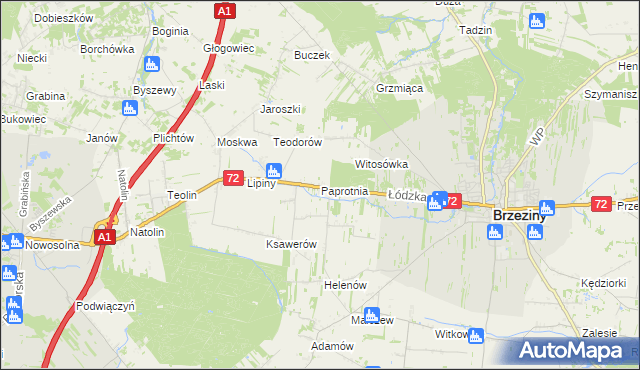 mapa Paprotnia gmina Brzeziny, Paprotnia gmina Brzeziny na mapie Targeo