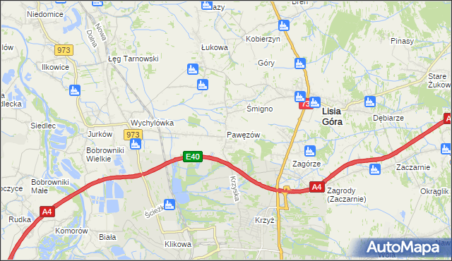 mapa Pawęzów gmina Lisia Góra, Pawęzów gmina Lisia Góra na mapie Targeo