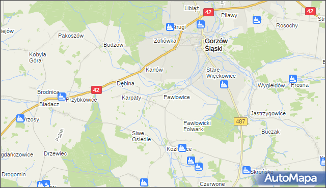 mapa Pawłowice gmina Gorzów Śląski, Pawłowice gmina Gorzów Śląski na mapie Targeo