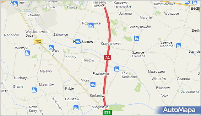 mapa Pawłowice gmina Krzyżanów, Pawłowice gmina Krzyżanów na mapie Targeo