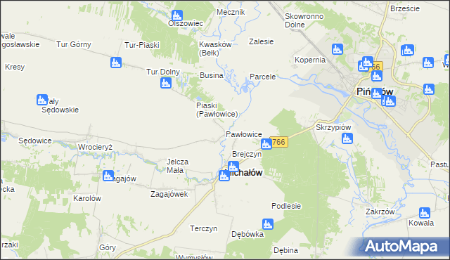 mapa Pawłowice gmina Michałów, Pawłowice gmina Michałów na mapie Targeo