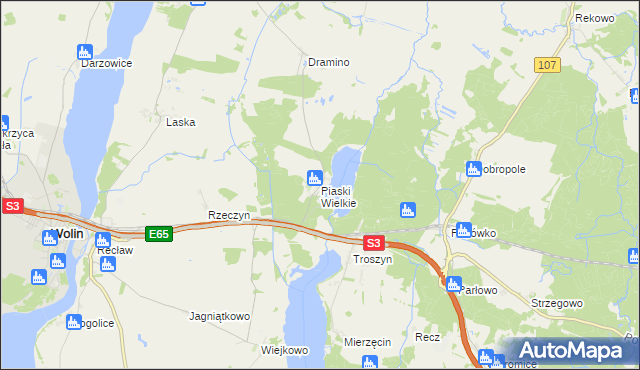 mapa Piaski Wielkie gmina Wolin, Piaski Wielkie gmina Wolin na mapie Targeo